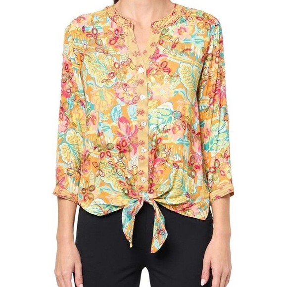 John Mark Women's Size M Embroidered Floral Button Tie Front Blouse 3/4 Sleeve - Picture 2 of 9